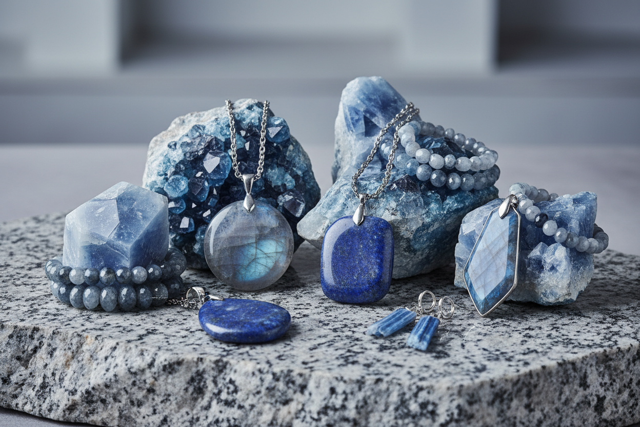 Natural stone jewelry on raw mineral surface,
POLAR tones, icy grey and deep blue,
textures of stone and crystal,
quiet strength and grounding mood,
soft diffused light,
premium minimalist photography, no mysticism symbols
