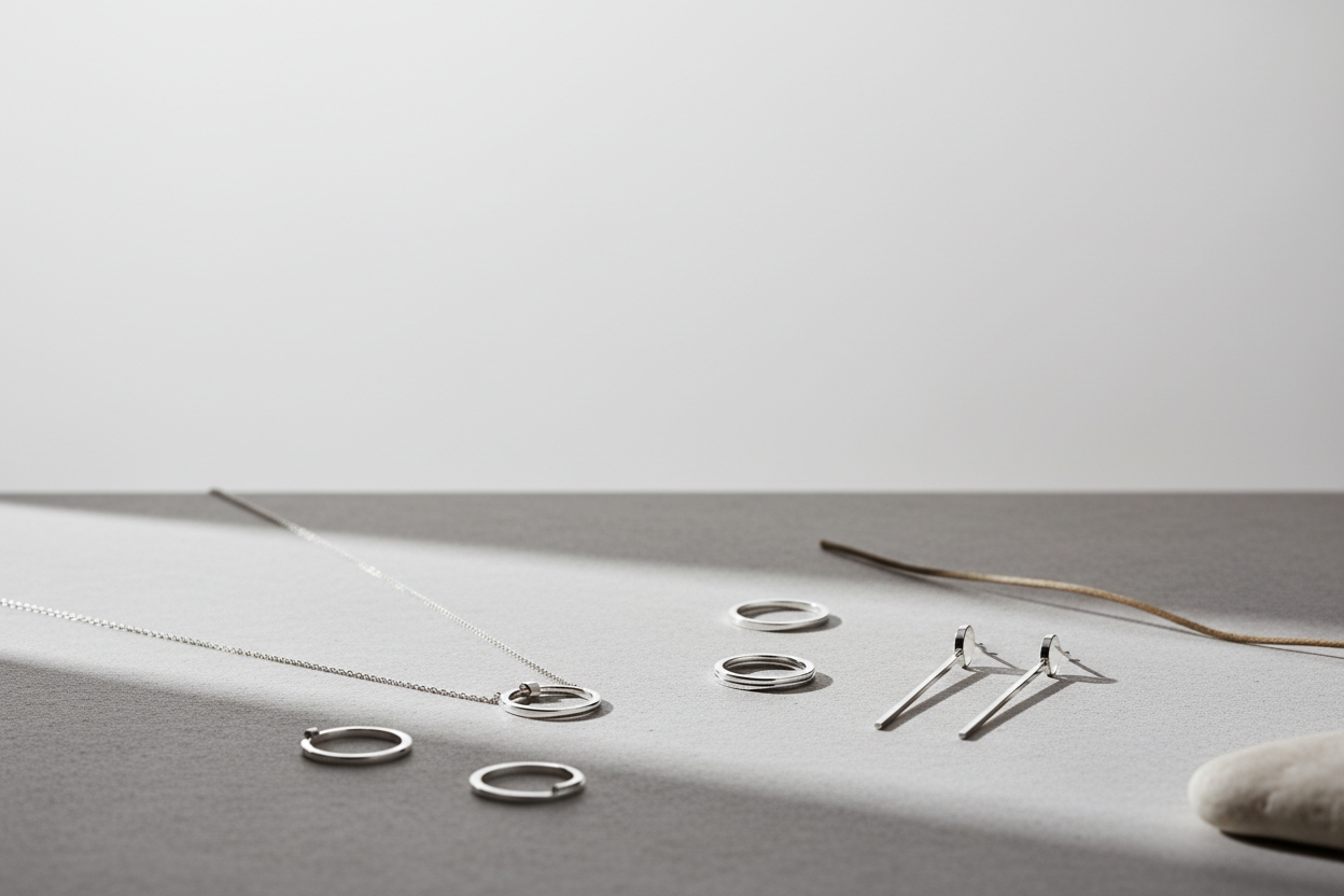 Ultra minimal nordic aesthetic,
very light background with soft off-white and pale grey tones,
delicate silver jewelry with clean lines,
airy and breathable composition,
sense of calm and space,
natural soft light, minimalist luxury style
