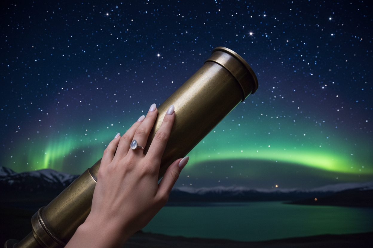 Une main féminine et élégante et esthétique posée sur téléscope qui est dirigé vers des constellations dans un ciel étoilé depuis un arrière plan d'aurores boréales