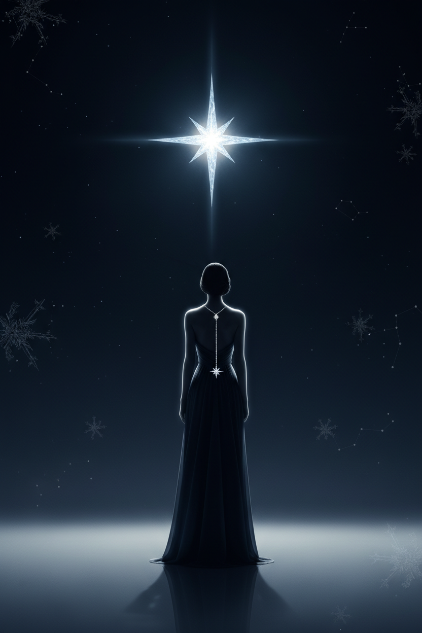 Une silhouette de dos regardant l'étoila polaire. Rendu photo studio pour marque de bijoux. Inspiration polaire.